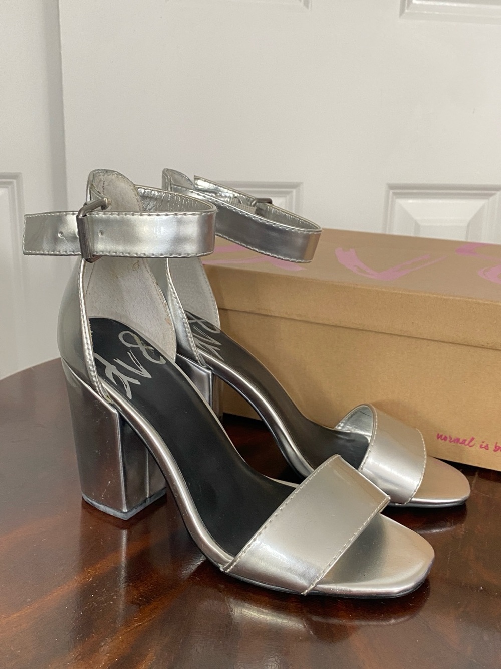 DV8 Metallic Silver Ankle-Strap Block Heel Sandals 6.5